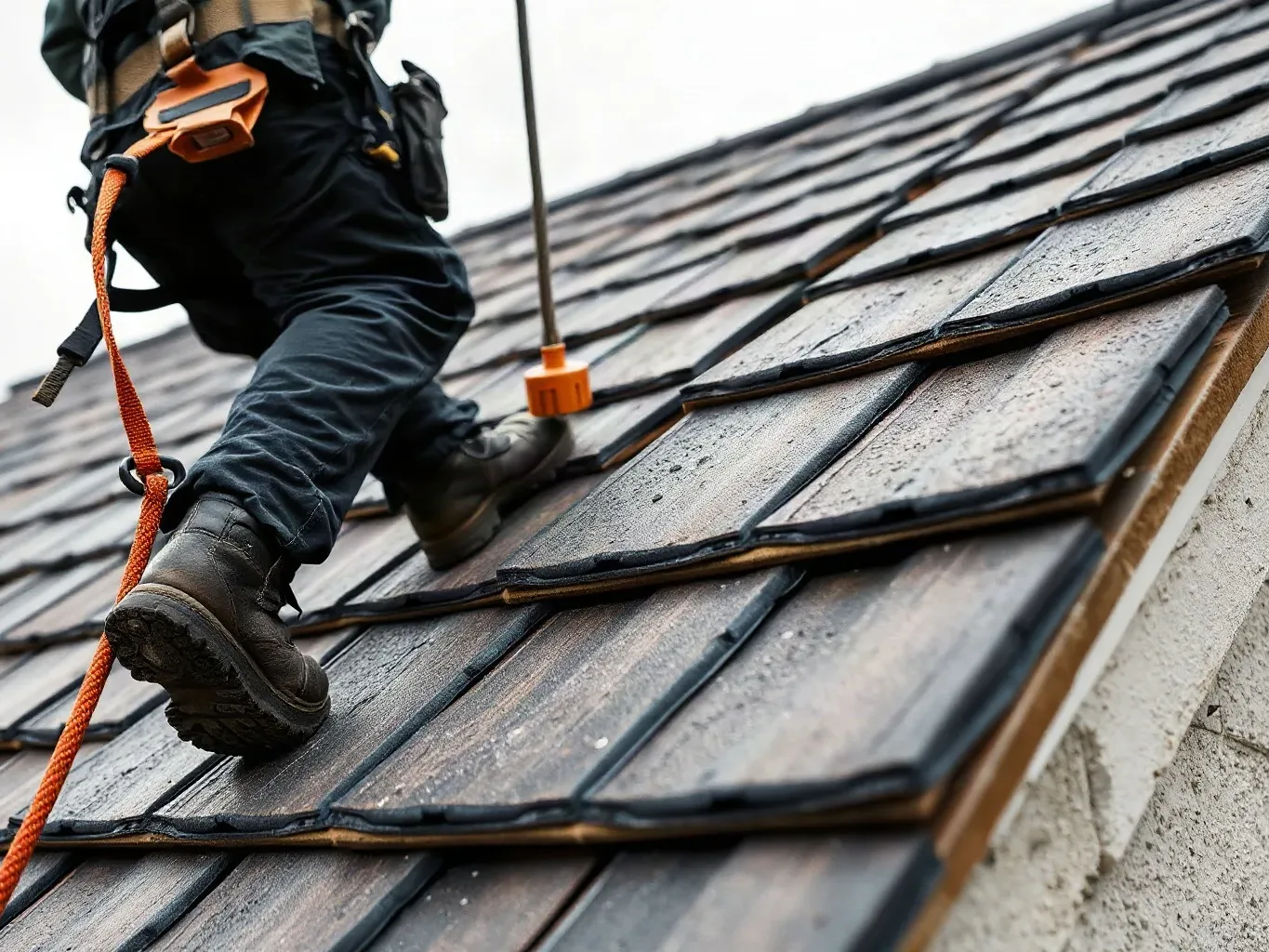 A roofer in a safety harness descending slowly along the slope of a pitched residential roof after completing a slate replacement, slate ripper tool clipped to their work belt, on a grey overcast day.
