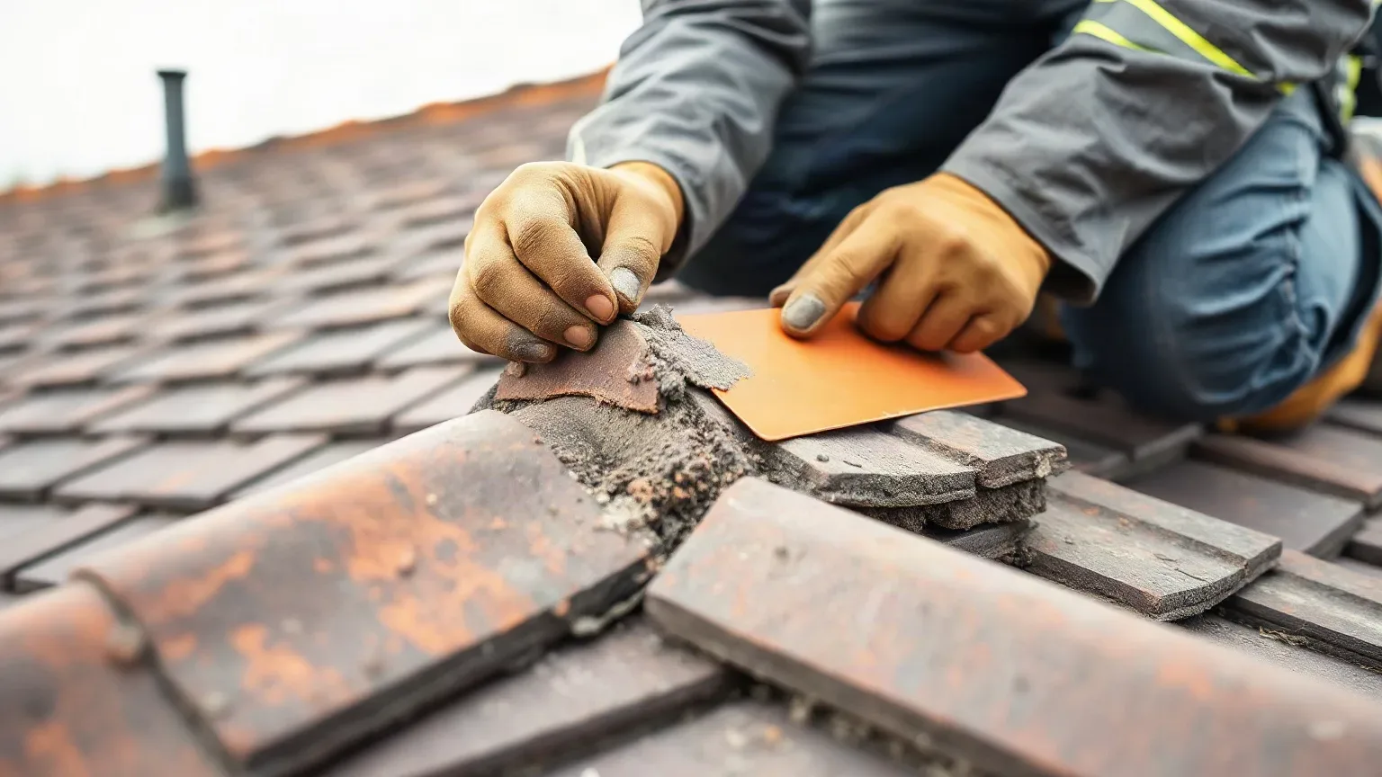 A roofer in full workwear kneeling at the ridge of a pitched residential roof and pressing mortar firmly around the base of a repositioned clay ridge tile with a roofing trowel while the slope of slates extends away below them.