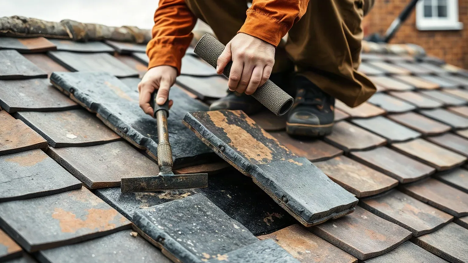 A roofer in full workwear crouching on a pitched residential roof and pressing a slate ripper tool beneath a heavily weathered slate to begin stripping a section where widespread fixing failure has caused multiple tiles to slide out of position.