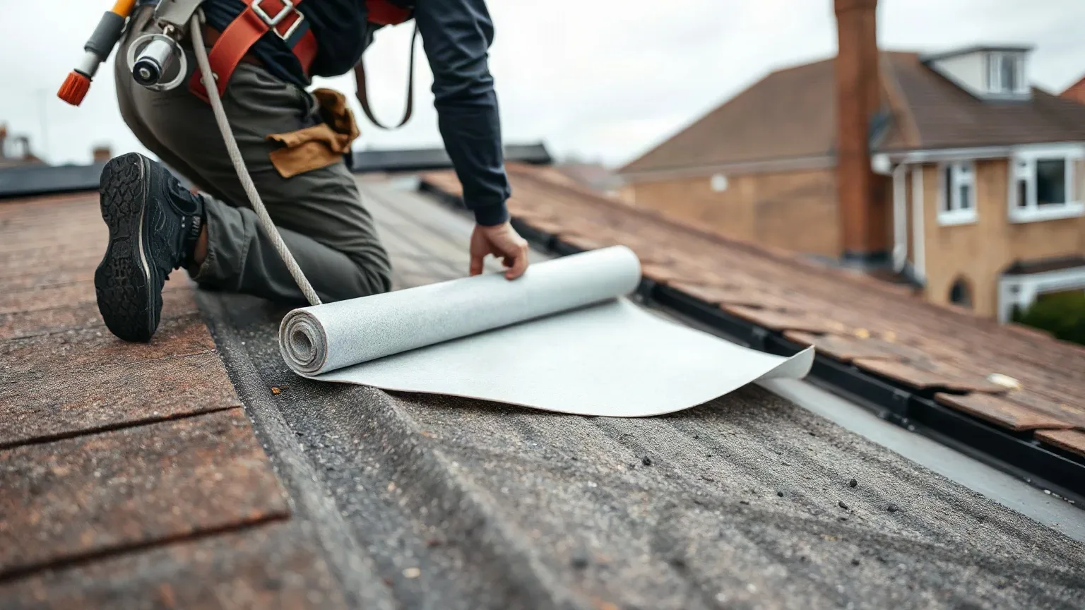 A roofer in a safety harness kneeling on a pitched residential roof that has been stripped to the sarking and rolling a breathable underlay membrane across the bare deck before the new battens are fixed down on a grey overcast day.