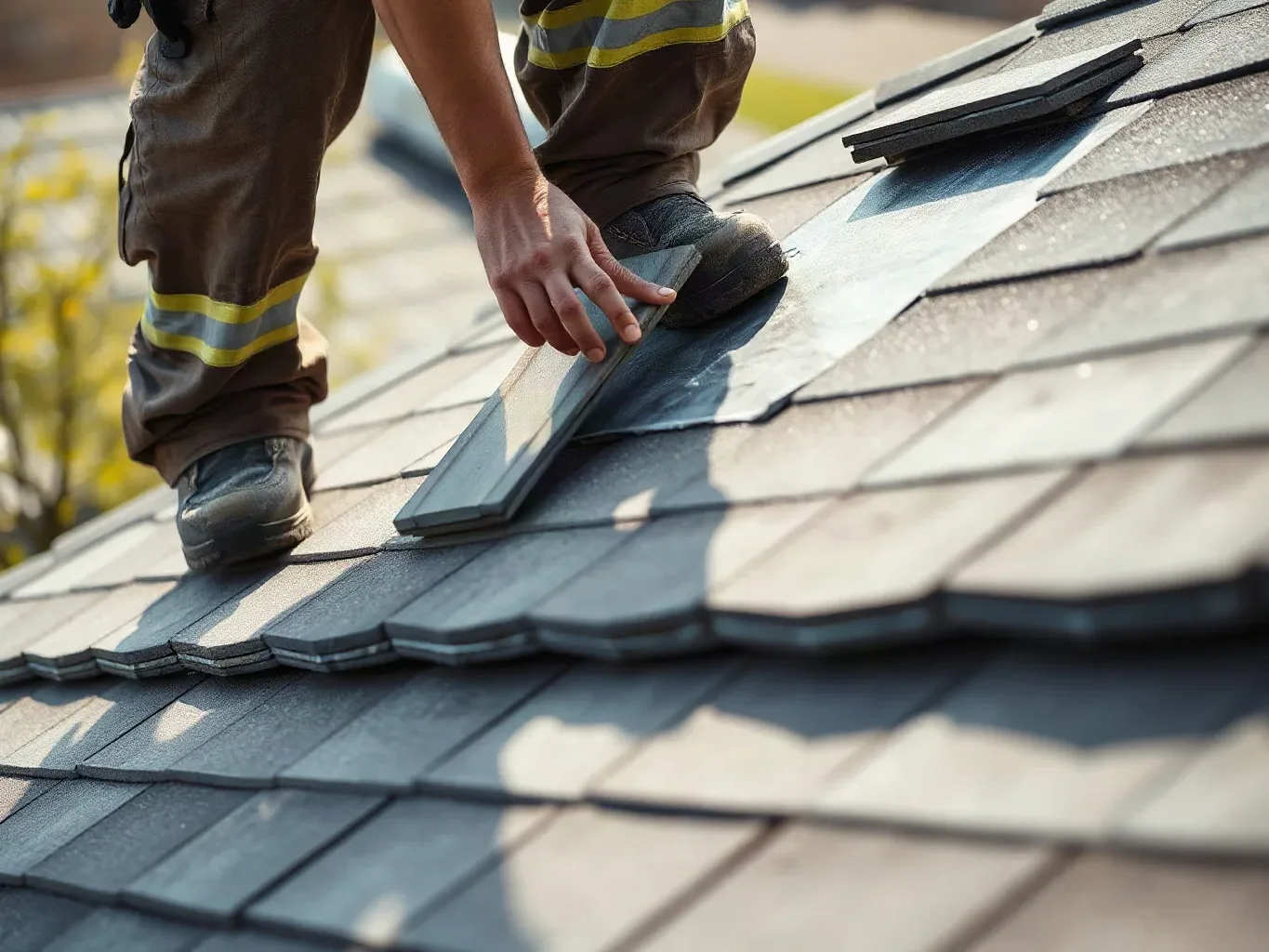 A roofer in full workwear standing on a partially re-slated pitched residential roof and pressing a fresh slate firmly down onto its batten while a section of exposed roofing felt underlayment is still visible on the unfinished upper portion of the slope.