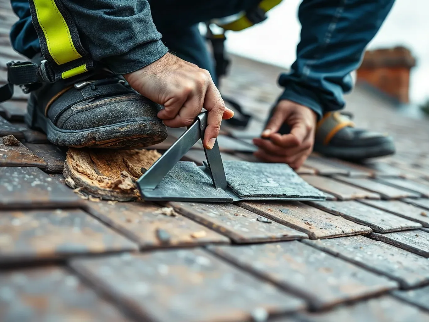 A roofer in a safety harness crouching on a pitched residential roof and working a slate ripper tool beneath a loose tile while examining the timber sarking board below for signs of rot before proceeding with the re-roofing work.