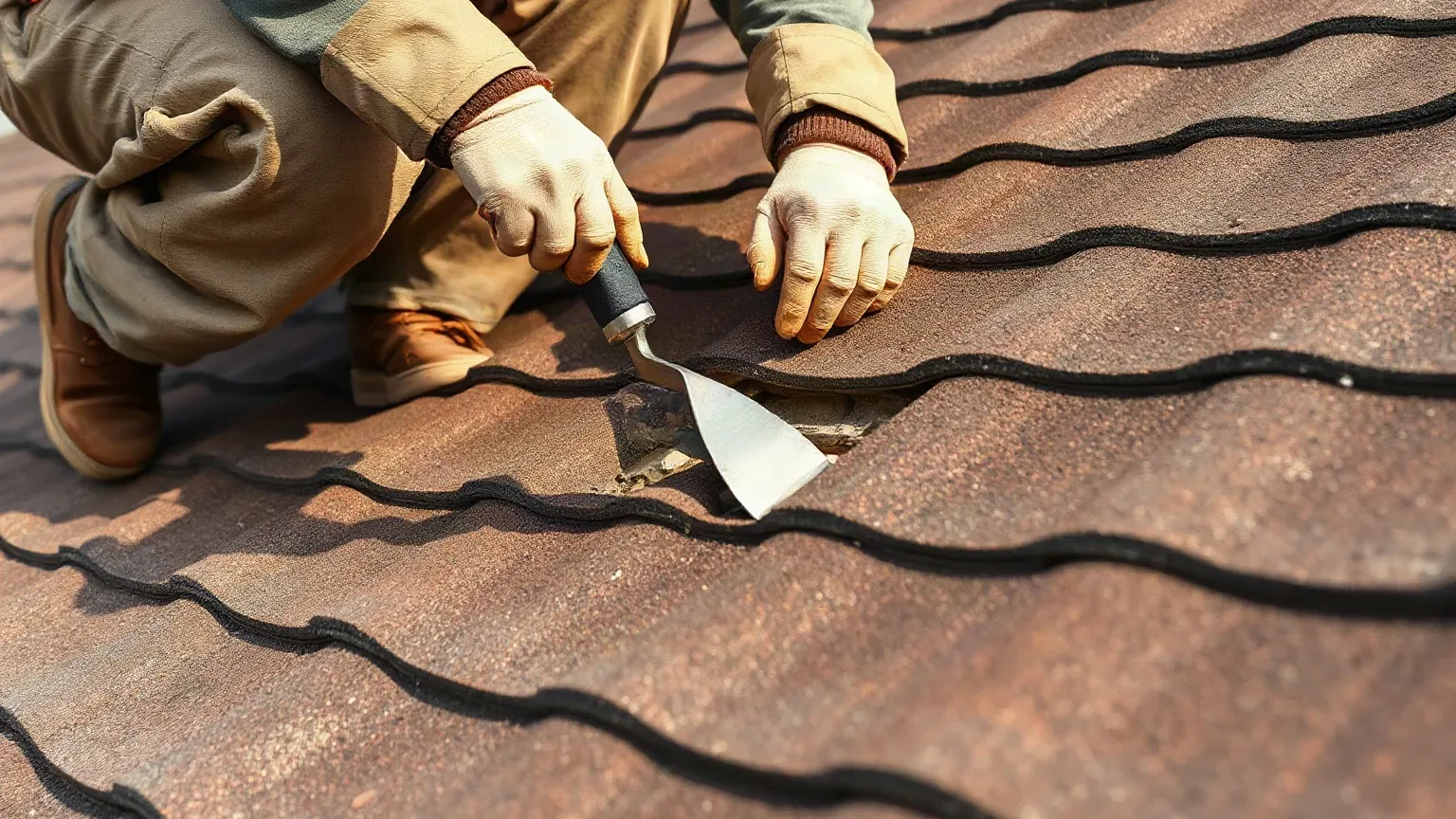 A roofer in full workwear crouching at the ridge of a pitched residential roof and using a metal roofing trowel to press a temporary mortar patch over an open gap in the ridge tile run to limit water entry before full replacement begins.