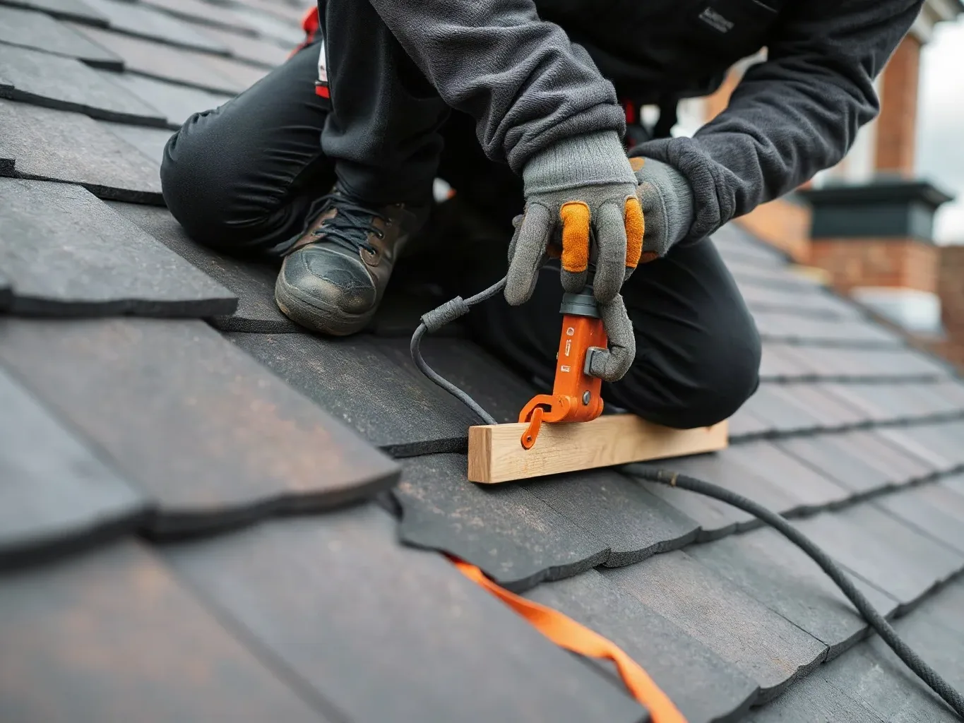 A roofer in a safety harness kneeling mid-slope on a pitched residential roof and carefully nailing a batten across newly laid roofing felt underlayment in preparation for fixing the first course of replacement slates on a dull grey day.
