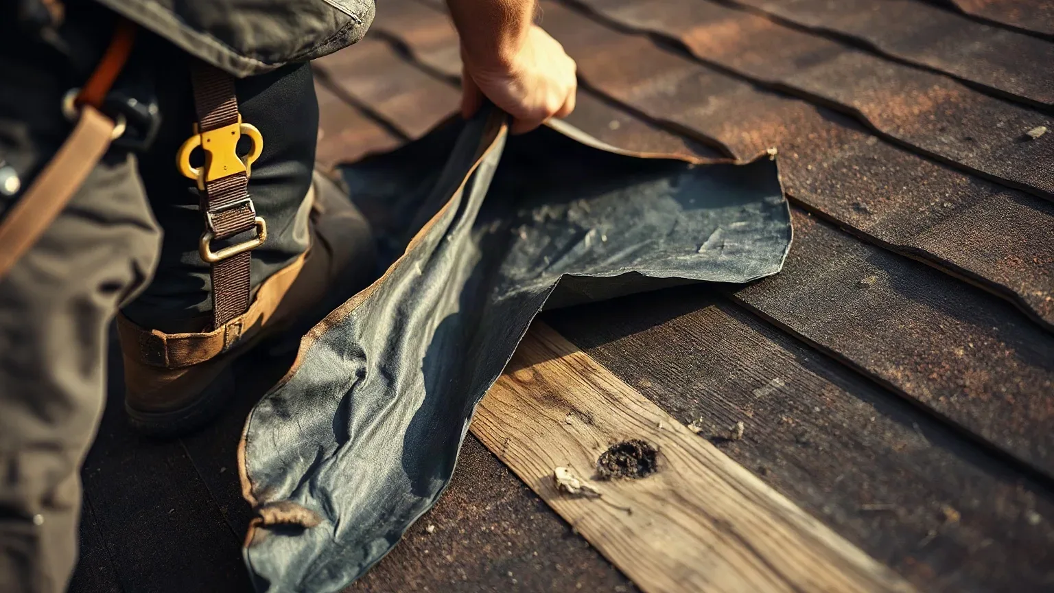 A roofer in a safety harness crouching on a pitched residential roof and peeling back a section of old bitumen roofing felt underlayment from the sarking board beneath to expose where moisture has tracked along the timber surface and caused discolouration.