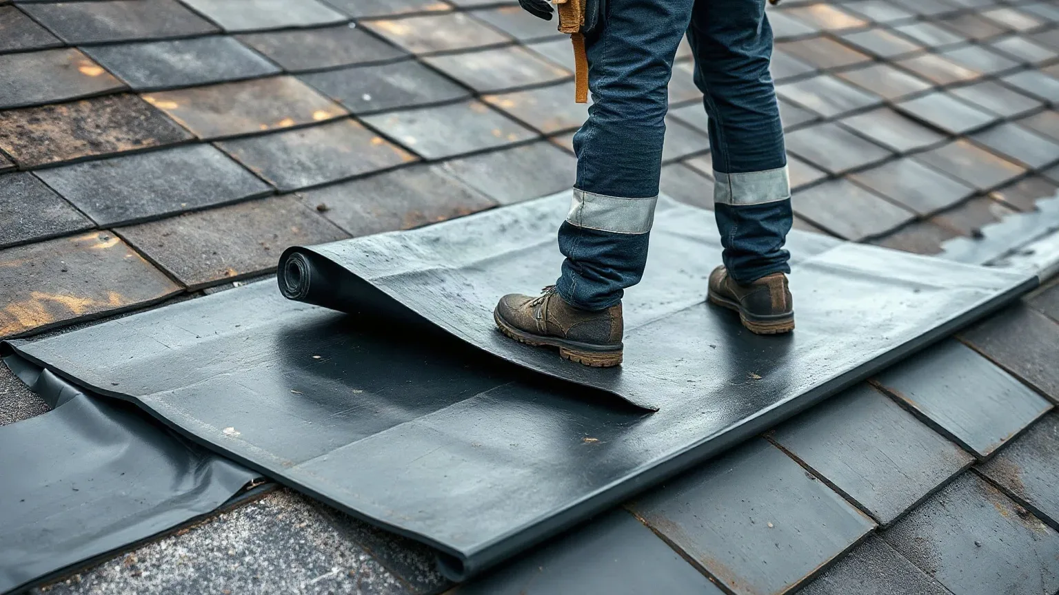 A roofer in full workwear standing on a pitched residential roof that has been stripped back to the rafters and unrolling a new vapour-permeable membrane sheet across the full width of the deck while a slate tile course is already fixed along the lower eave.