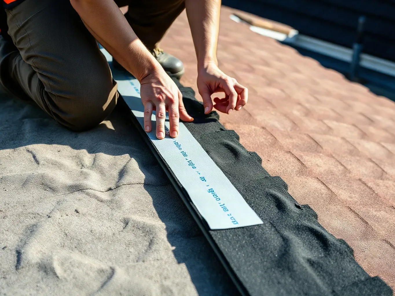 A roofer in a safety harness kneeling on a pitched residential roof and pressing the self-adhesive lap tape along the overlapping edge of a breathable underlay sheet to seal the joint before counter-battens are nailed above it.