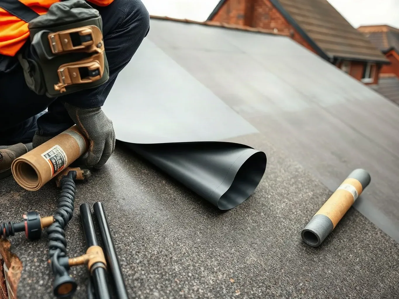 A roofer in full workwear crouching on a pitched residential roof and pulling the leading edge of a high-performance breathable membrane taut across the slope before the first batten is fixed, roofing felt roll visible tucked under their arm on a grey overcast day.