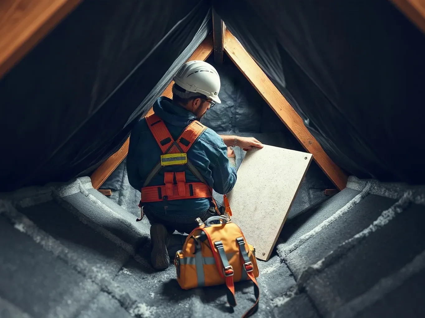 A roofer in a safety harness kneeling inside a pitched roof void and pressing a rigid insulation board into the space between two rafters while the underside of the roofing felt underlayment is visible above their head in the confined working space.