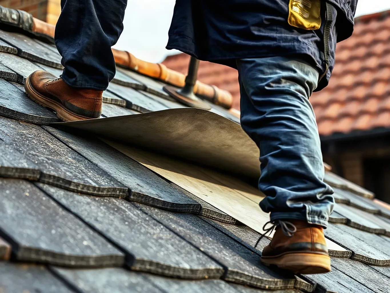 A roofer in full workwear standing on a pitched residential roof and lifting the lower edge of a breathable membrane sheet to show the ventilated cavity between the underlay and the timber batten fixed below it while slate tiles are fixed to the course beneath.