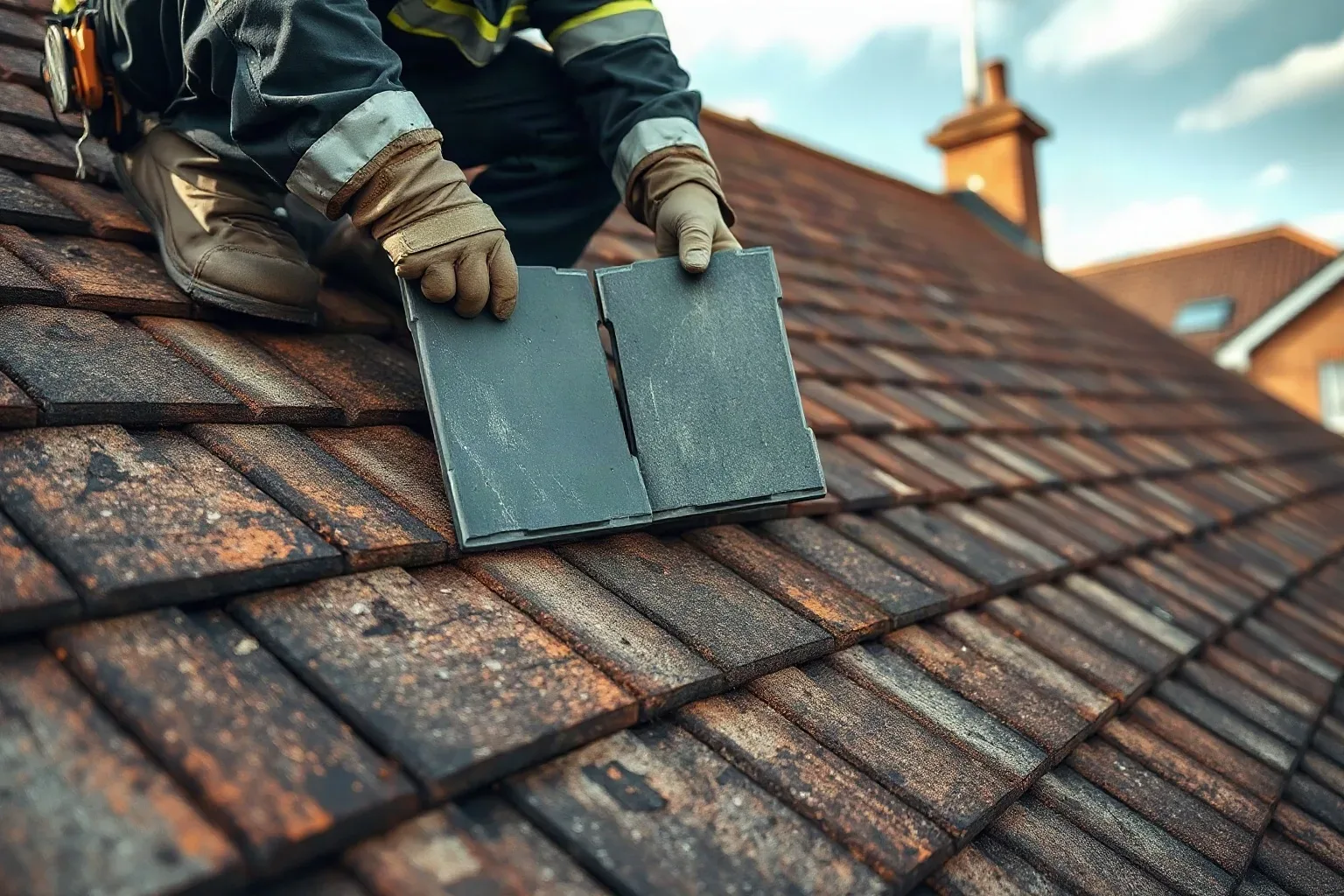 A roofer in full workwear crouching on a pitched residential roof and holding two slate tiles side by side above the existing course to compare their colour and texture against the surrounding weathered slates before selecting the correct replacement.
