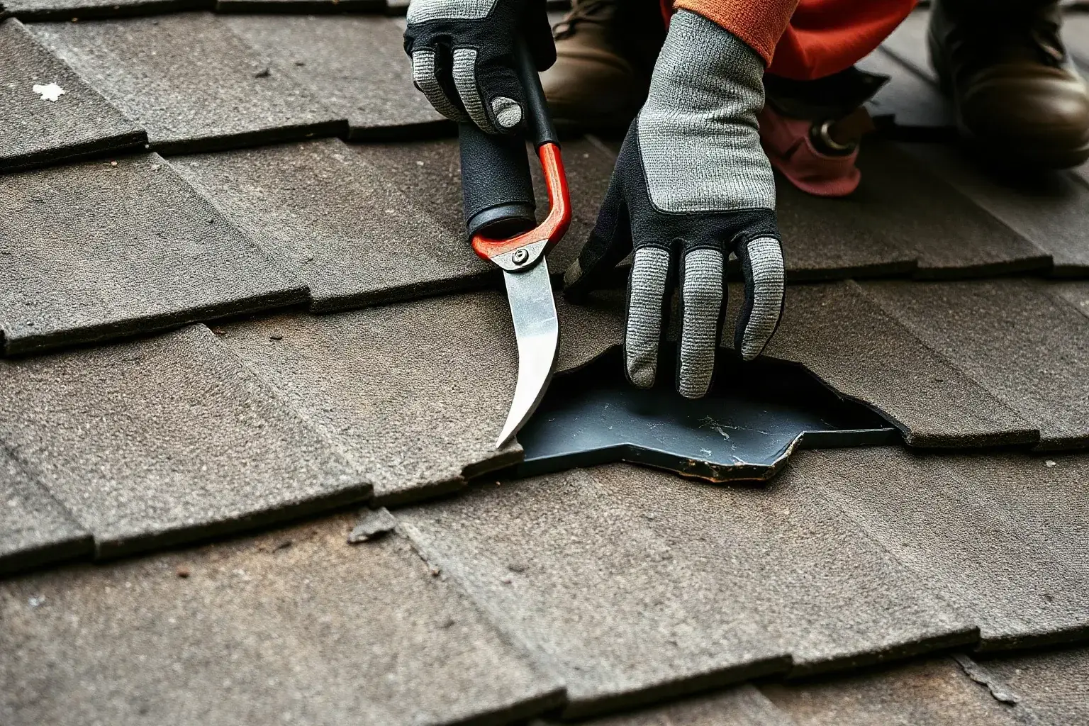 A roofer in a safety harness using a slate ripper tool to slide beneath a cracked slate on a pitched residential roof and sever the nail fixing while the roofing felt underlayment is clearly visible through the gap around the damaged tile.