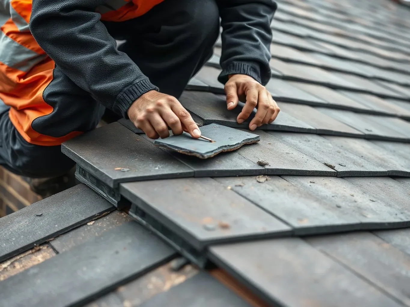 A roofer in full workwear crouching on a pitched residential roof and nailing a fresh slate into position on the batten with a copper nail while the adjacent undamaged slates remain neatly in their courses on a grey overcast day.