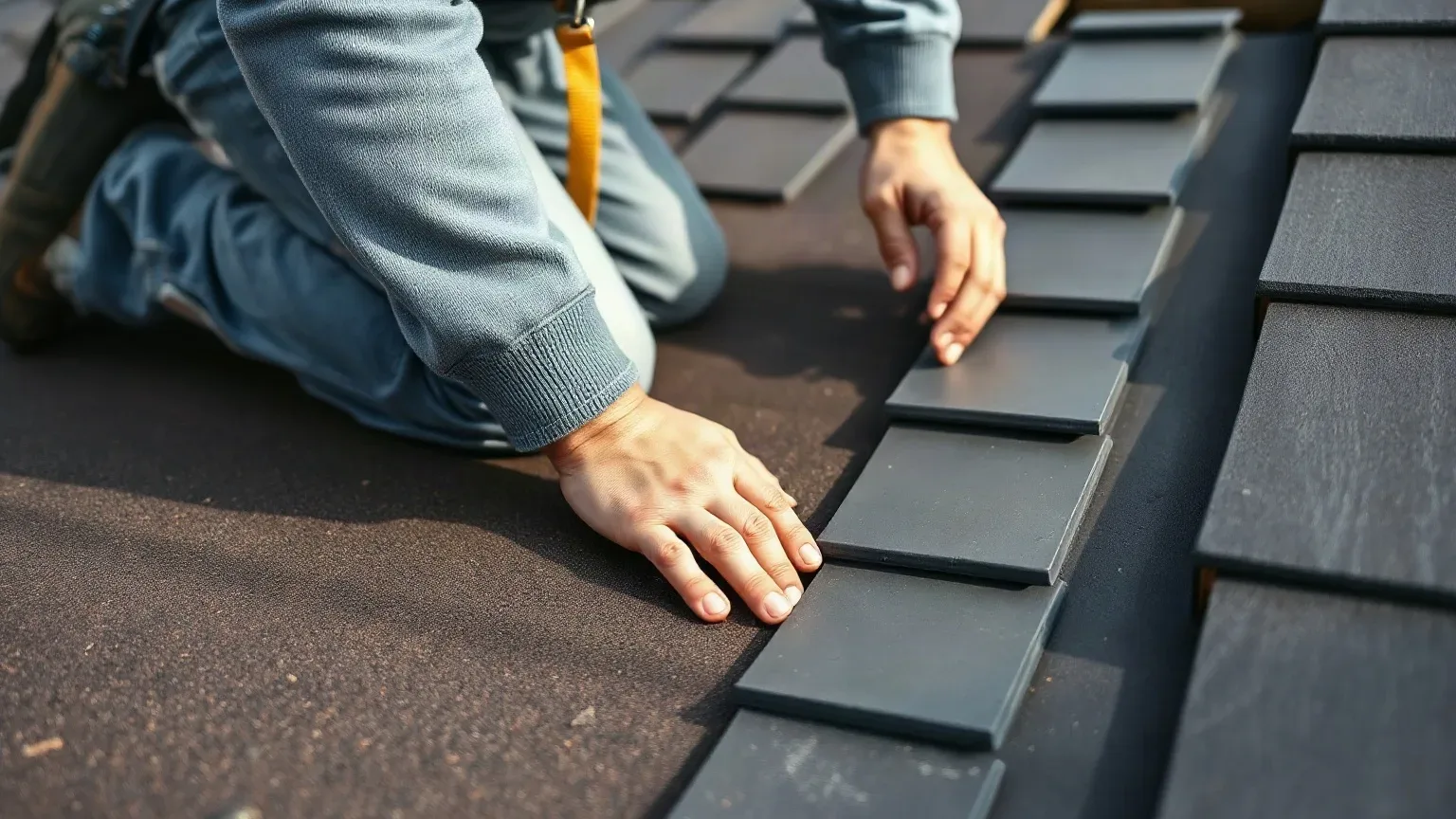 A roofer in a safety harness kneeling on a pitched residential roof and pressing the surface of a newly laid slate course with both palms to confirm each tile is seated flat and secure against the batten beneath.