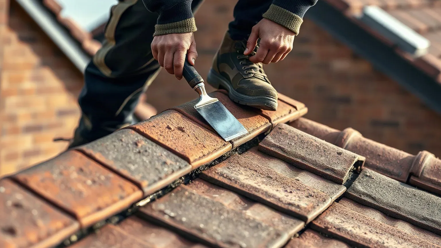 A roofer in full workwear standing at the ridge of a pitched residential roof and using a metal roofing trowel to check the mortar bedding condition along the full run of clay ridge tiles before descending to prepare a written quote.