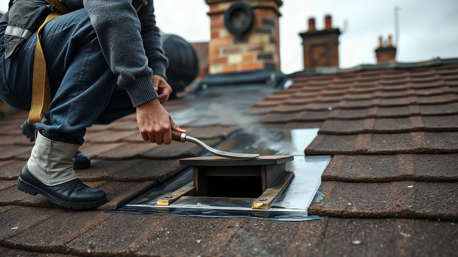 A roofer in a safety harness crouching on a pitched residential roof beside a chimney stack and pressing the lead flashing apron flat against the masonry base with a roofing trowel after re-bedding it into a freshly cut mortar chase.