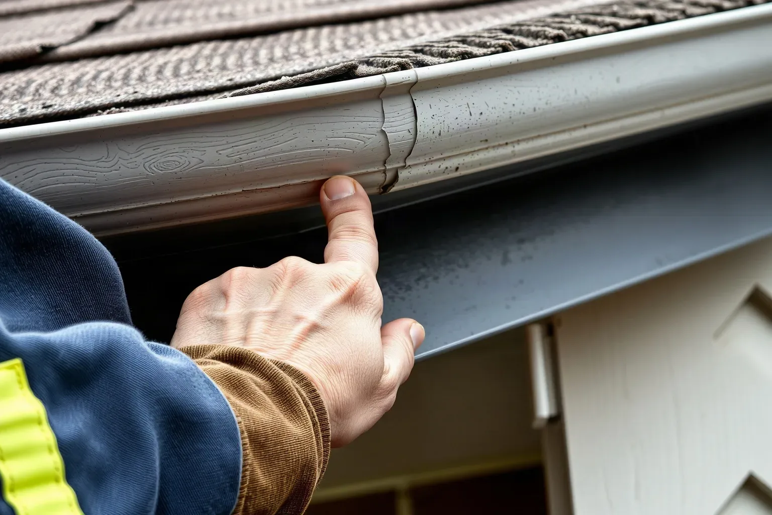 A roofer in workwear pressing a finger firmly into the surface of a painted soffit board at the eaves of a pitched residential roof to test for moisture softening before recommending its replacement.