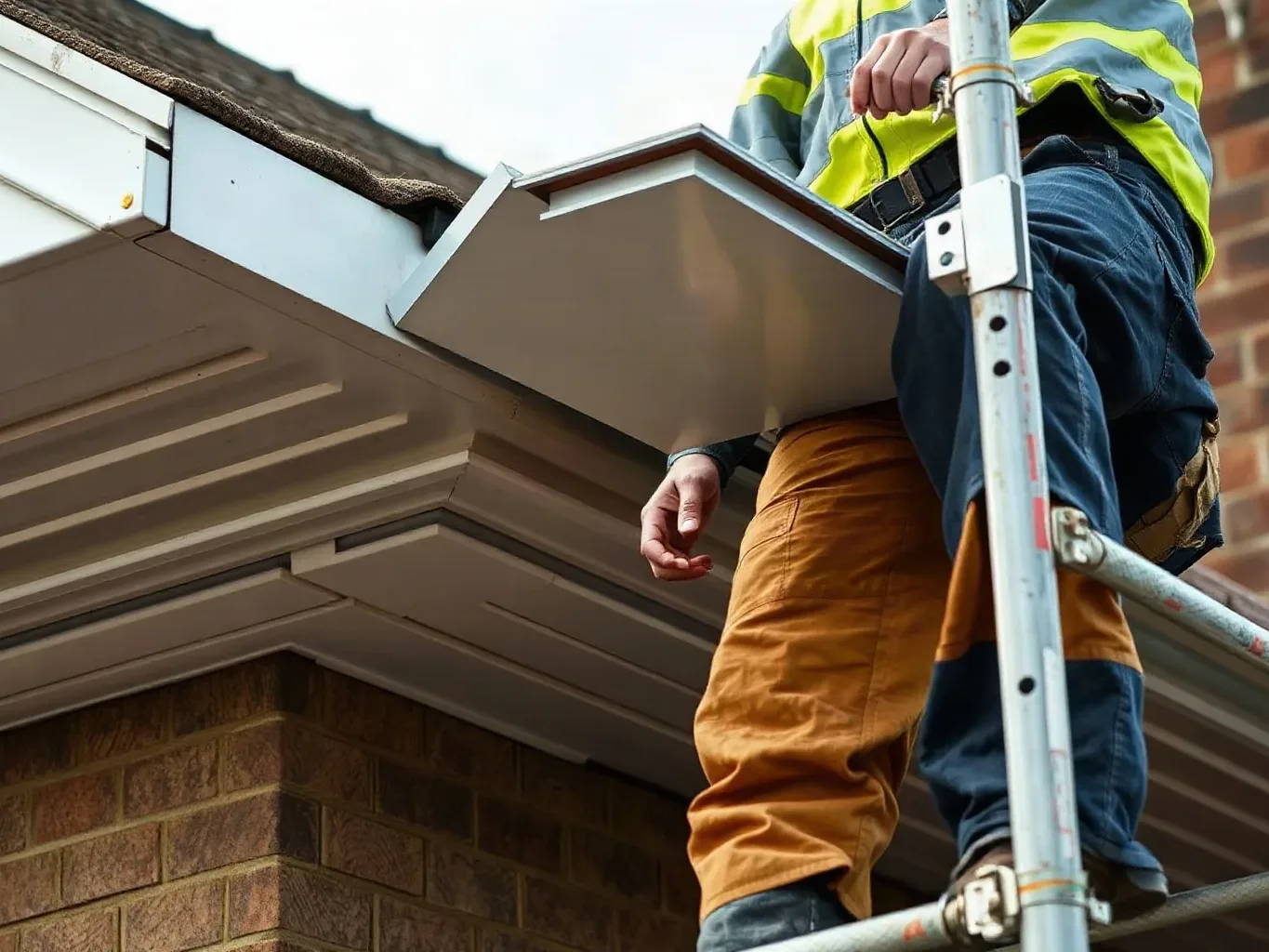 A roofer in full workwear on a scaffold platform at the eaves of a pitched residential roof offering up a new uPVC soffit panel to the underside of the rafter feet before clipping it into the starter trim.
