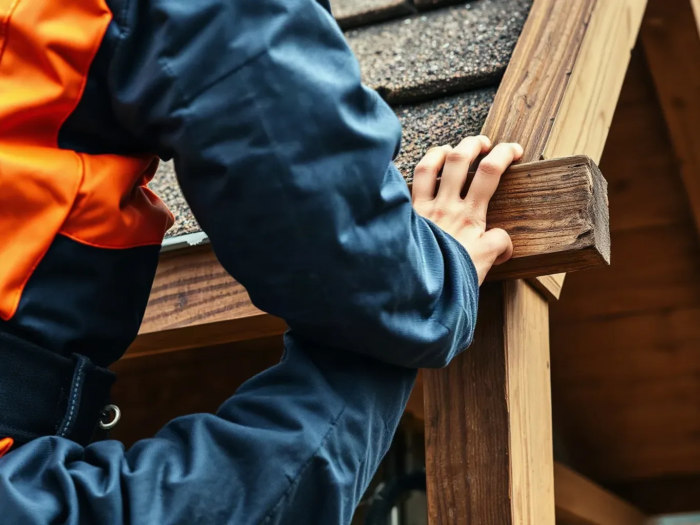 A roofer in workwear at the eaves of a pitched residential roof carefully inspecting the wall plate and rafter feet exposed after soffit removal, pressing each timber to assess decay before specifying replacement boards.