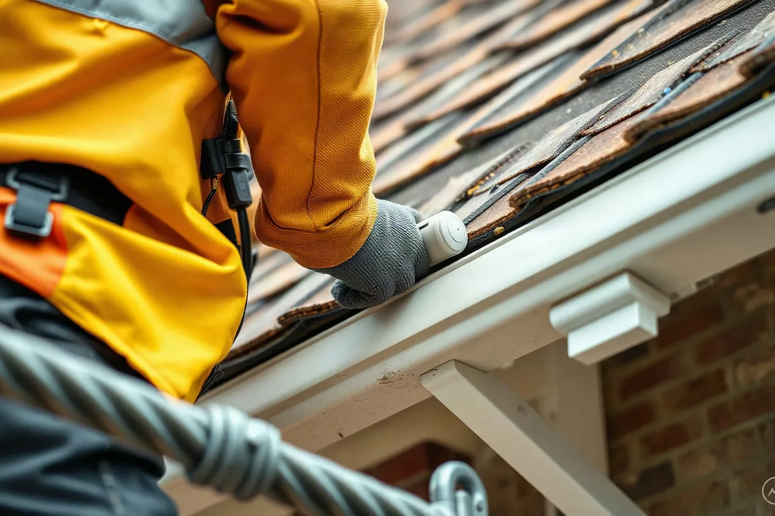 A roofer in full workwear on a scaffold platform at the eaves of a pitched residential roof clipping the final section of a new uPVC soffit run into position and pressing its edge firmly into the fascia channel.