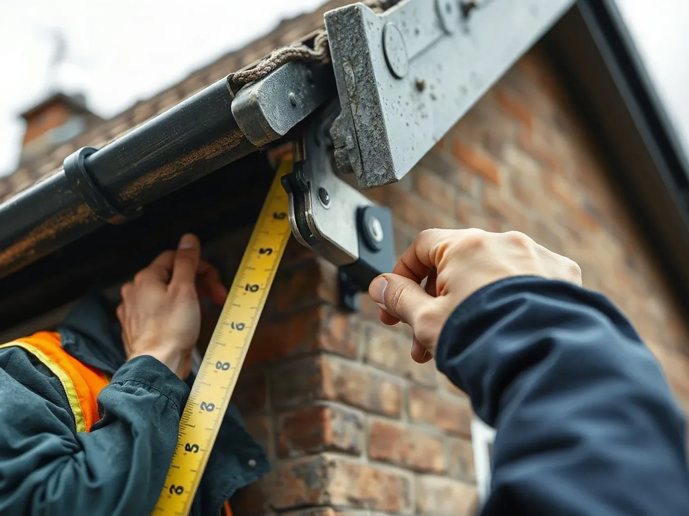 A roofer in workwear measuring the soffit width at the eaves of a pitched residential roof with a tape measure before cutting a uPVC soffit panel to the correct dimension on a grey overcast day.