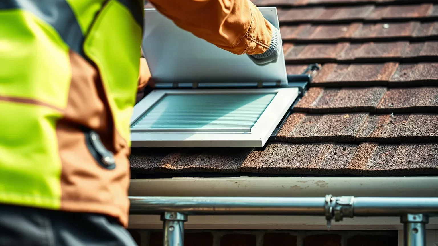 A roofer in full workwear on a scaffold platform at the eaves of a pitched residential roof fitting a ventilated uPVC soffit panel into position to allow airflow into the roof void while closing off the eaves gap from birds and weather.