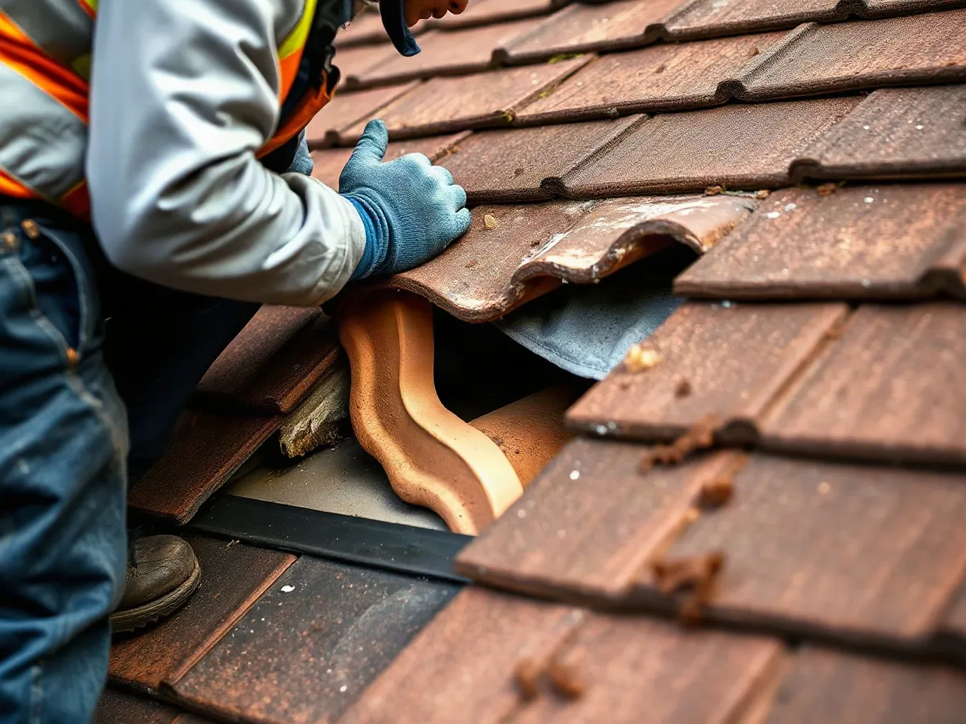 A worker in a hi-vis vest and blue gloves lifts a damaged clay roof tile to expose the underlayment beneath on a pitched tiled roof