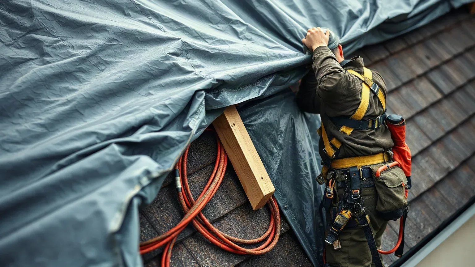 A worker in a safety harness spreads a blue tarpaulin over a pitched roof covered in dark shingles, with a coiled hose and timber offcut visible nearby