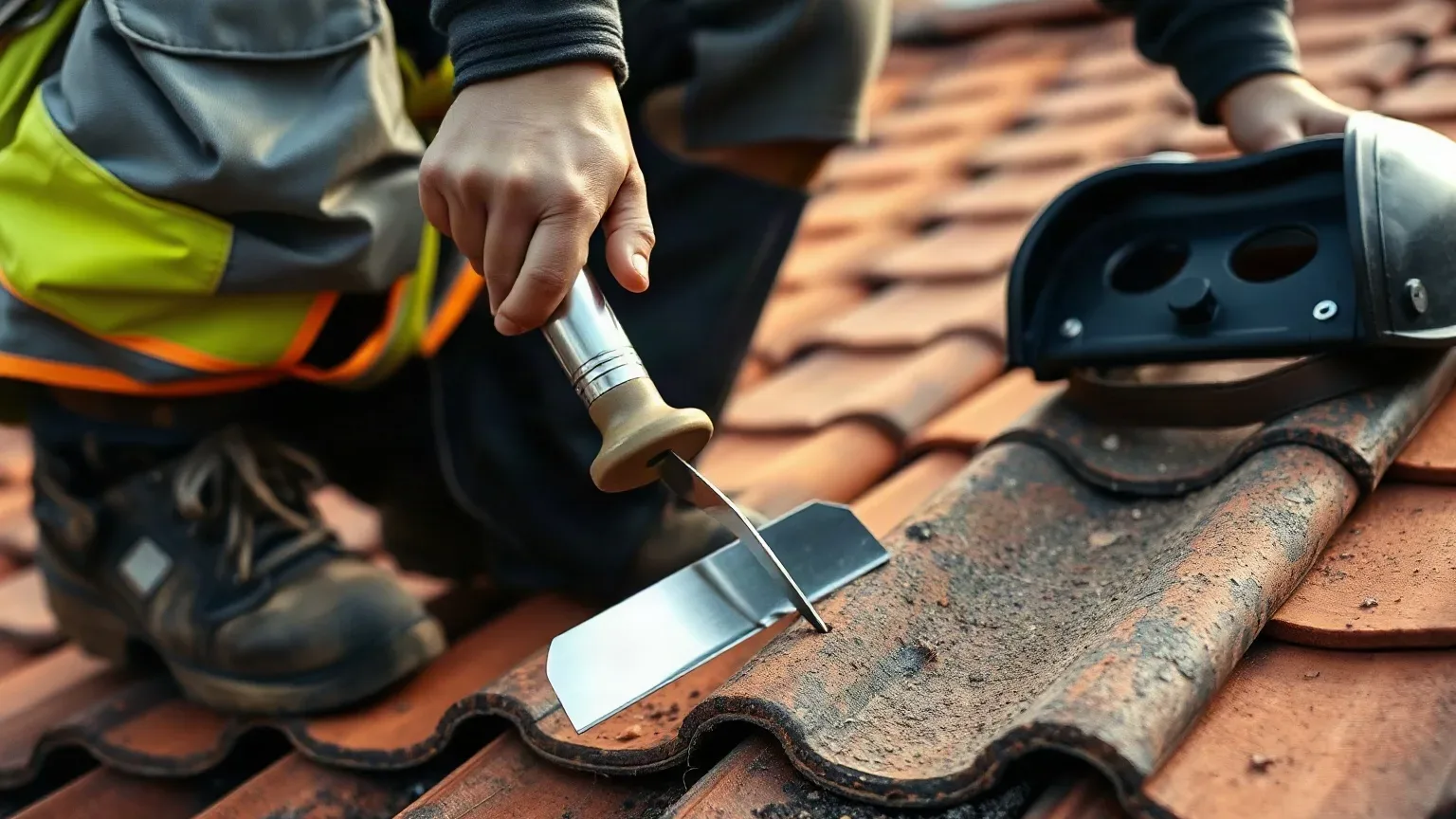 A roofer in workwear crouching on a pitched residential roof and using a metal roofing trowel to probe the mortar bedding around a loosened clay tile while assessing the extent of storm damage.
