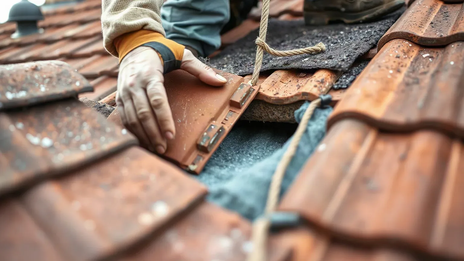 A roofer places a clay tile into a gap on a pitched roof, with roofing felt visible beneath the surrounding tiles and a safety rope in view