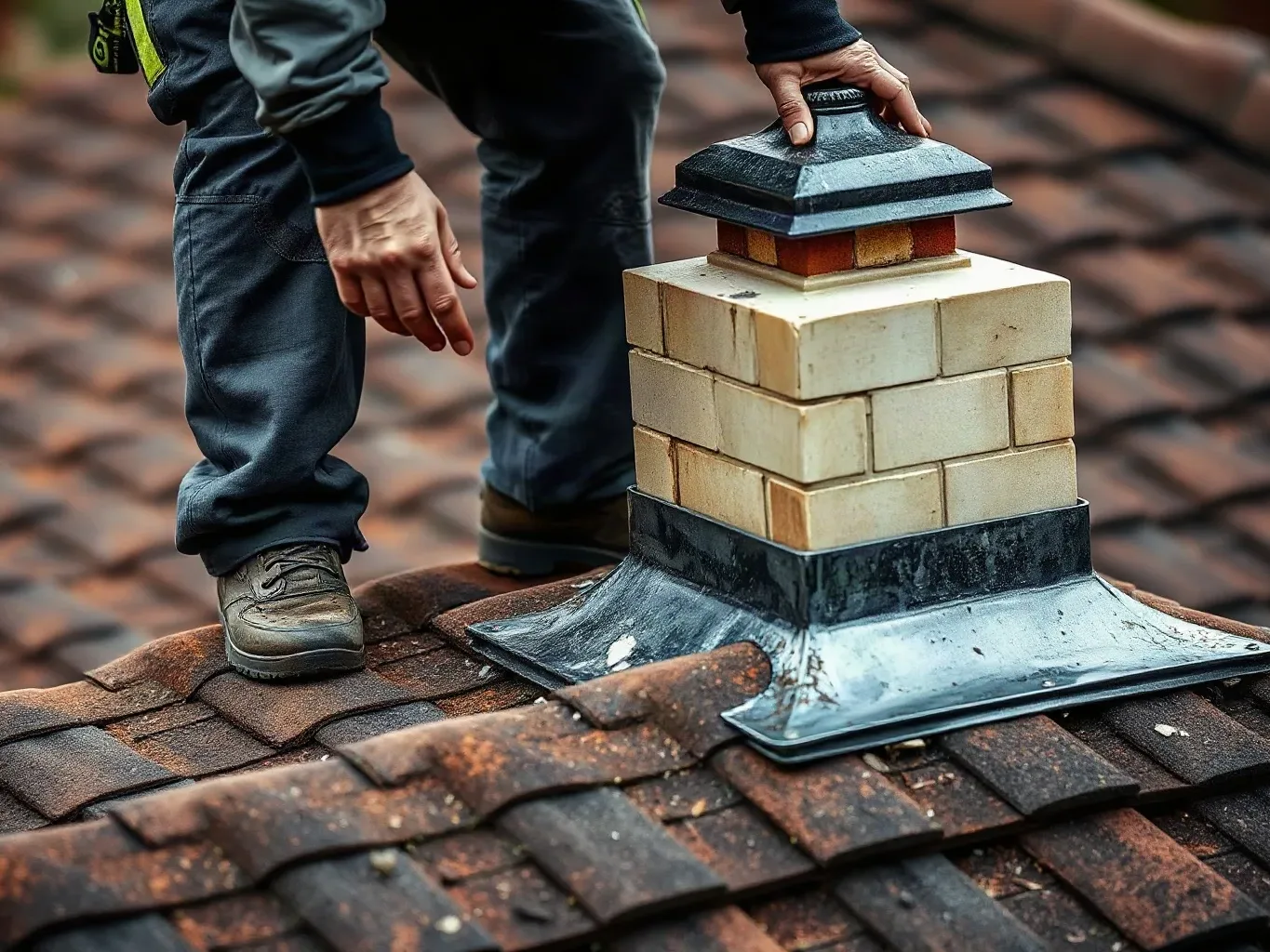 A roofer in full workwear standing on a pitched residential roof and pointing toward a section of lead flashing that has pulled away from a chimney stack base after a storm, harness strap visible across the chest.