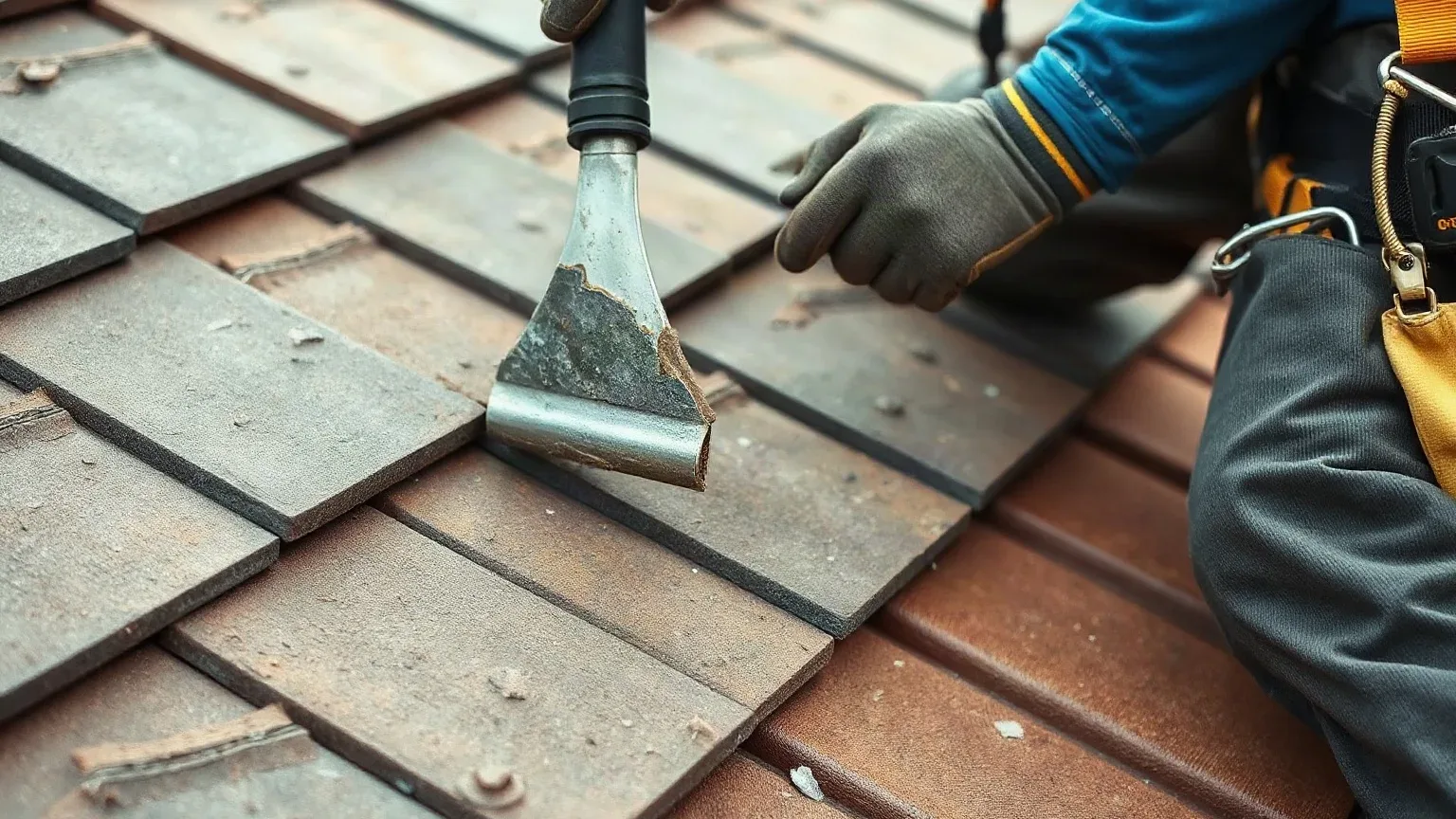 A roofer in a safety harness using a slate ripper tool to clear the remnants of a broken clay tile from a pitched residential roof while the roofing felt underlayment is exposed beneath the surrounding lifted tiles.
