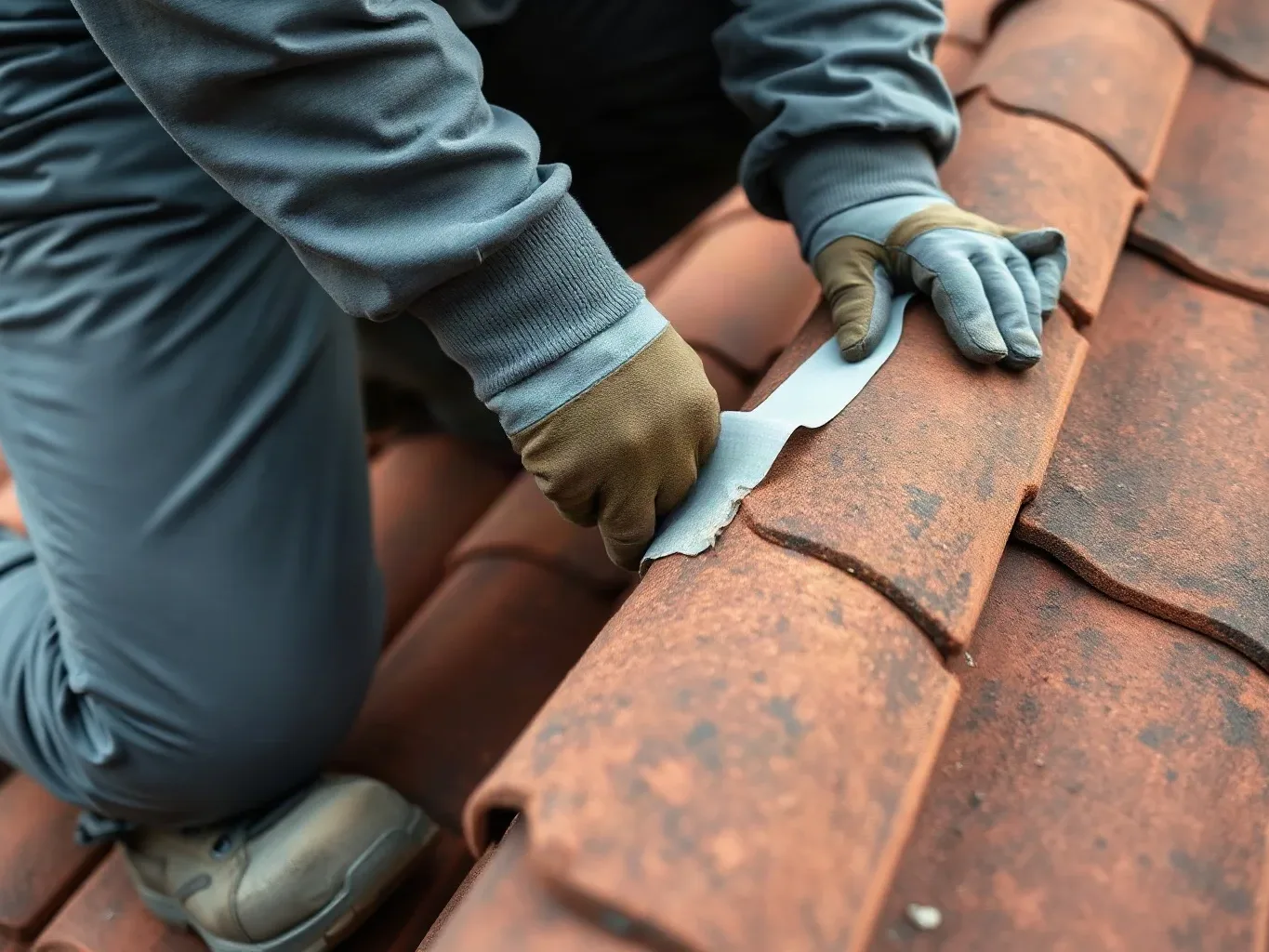 A roofer in full workwear kneeling on a pitched residential roof and pressing self-adhesive flashing tape firmly over a cracked mortar joint around a clay tile that has partially lifted at one corner.