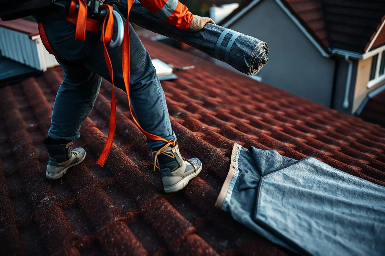 A roofer in a safety harness climbing onto a pitched residential roof at dusk carrying a rolled tarpaulin over one shoulder in preparation for emergency weatherproofing over a damaged clay tile section.