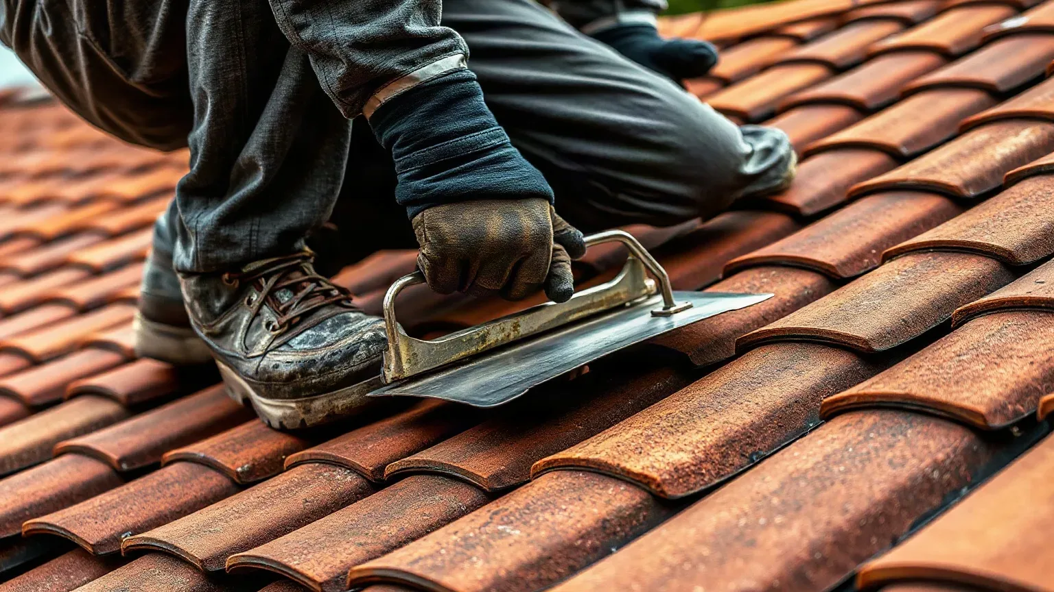 A roofer in workwear crouching on a pitched residential roof and using a metal roofing trowel to lift the edge of a clay tile and inspect the roofing felt underlayment beneath before completing a repair estimate.