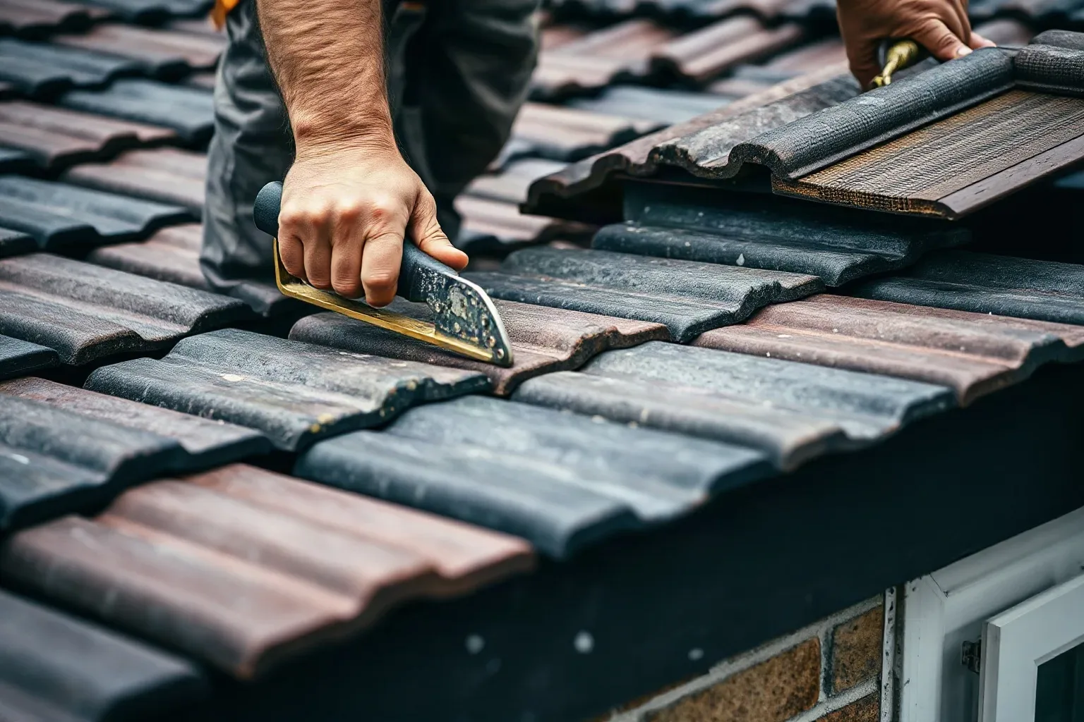 A roofer in a safety harness standing at the ridge of a pitched residential roof and systematically tapping each clay tile along the course with the handle of a slate ripper tool to identify hollow or loose ones.