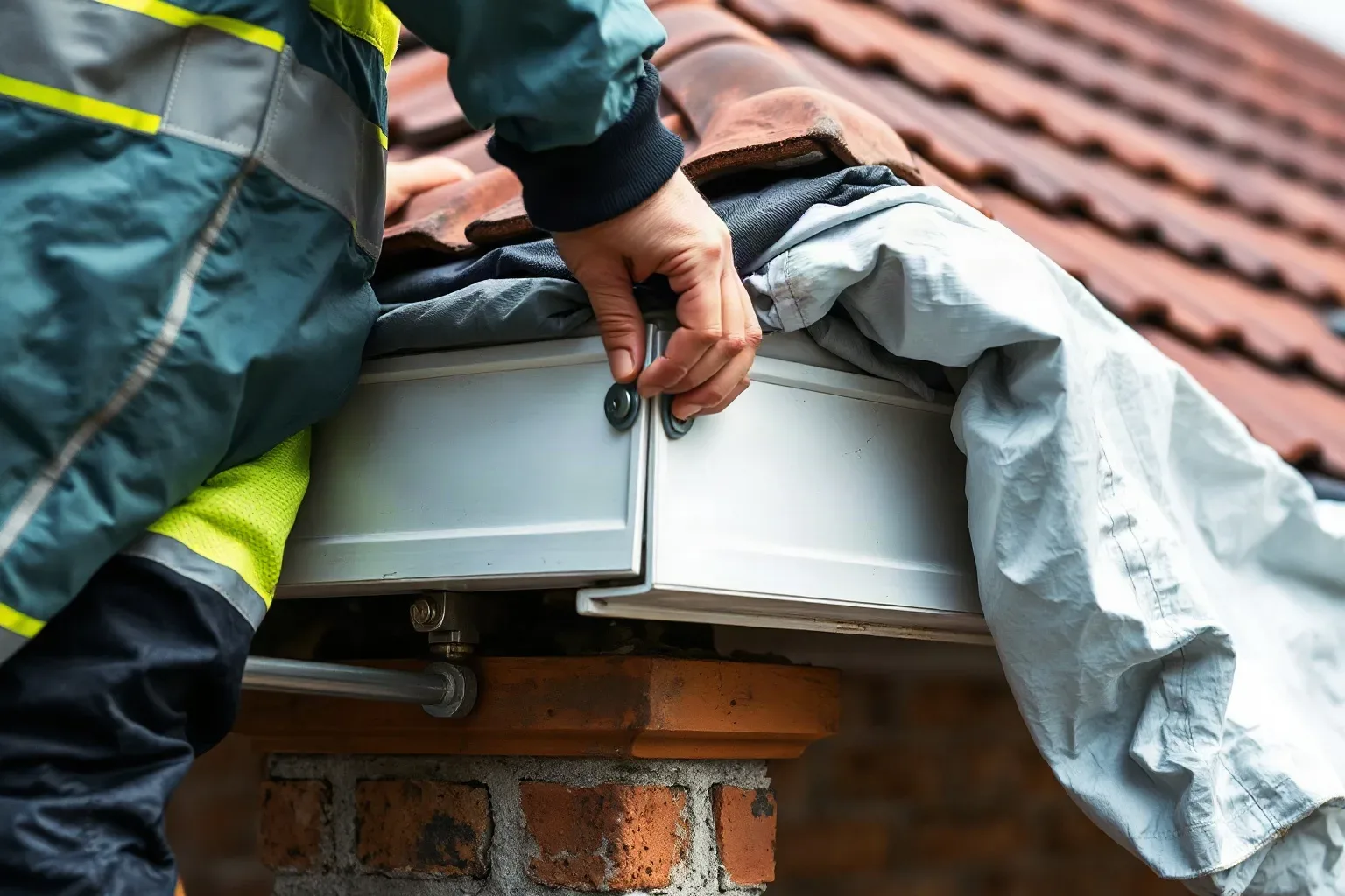 A worker in a high-visibility jacket fastens a metal component at the edge of a tiled roof above a brick wall
