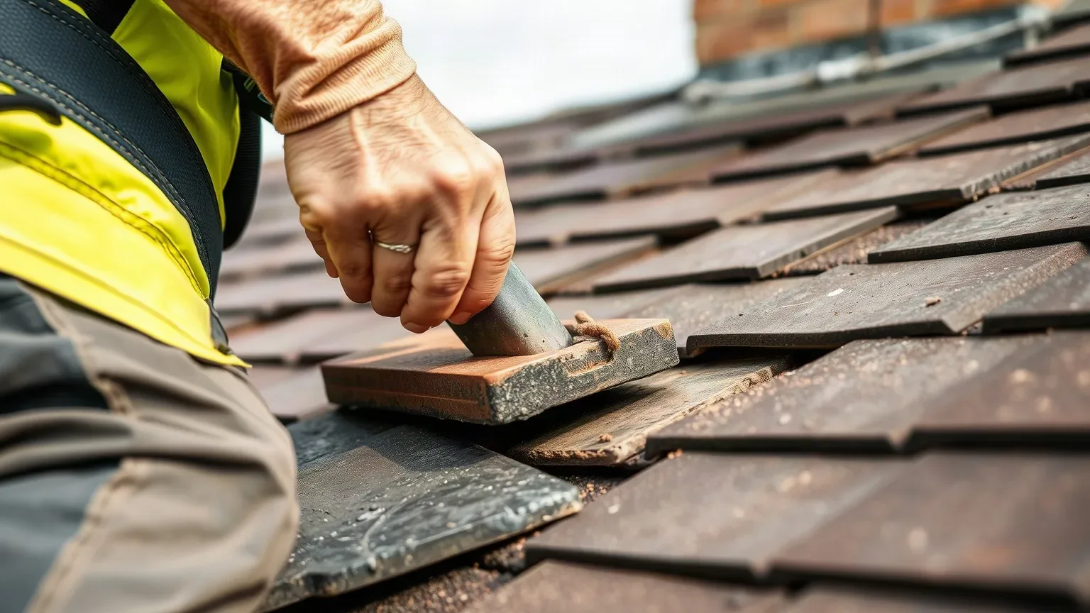 A roofer in a safety harness using a slate ripper tool to remove a cracked clay tile from a pitched residential roof before applying a temporary mortar patch to the exposed roofing felt underlayment beneath.