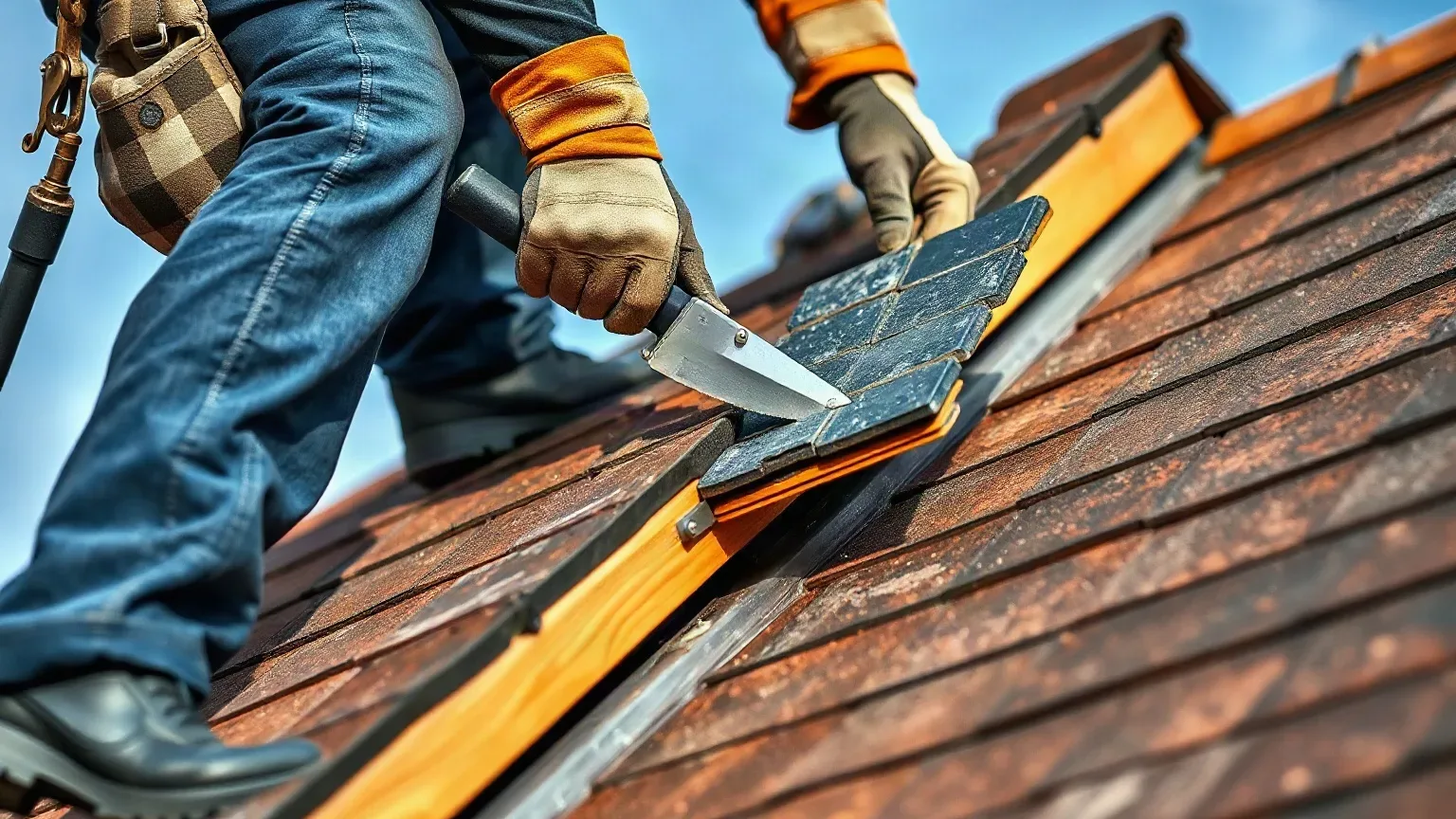 A roofer in full workwear bracing carefully on a very steeply pitched residential roof and using a slate ripper tool to free a heavily weathered tile from the upper section of the slope while the roofing felt underlayment is taut beneath the surrounding course.