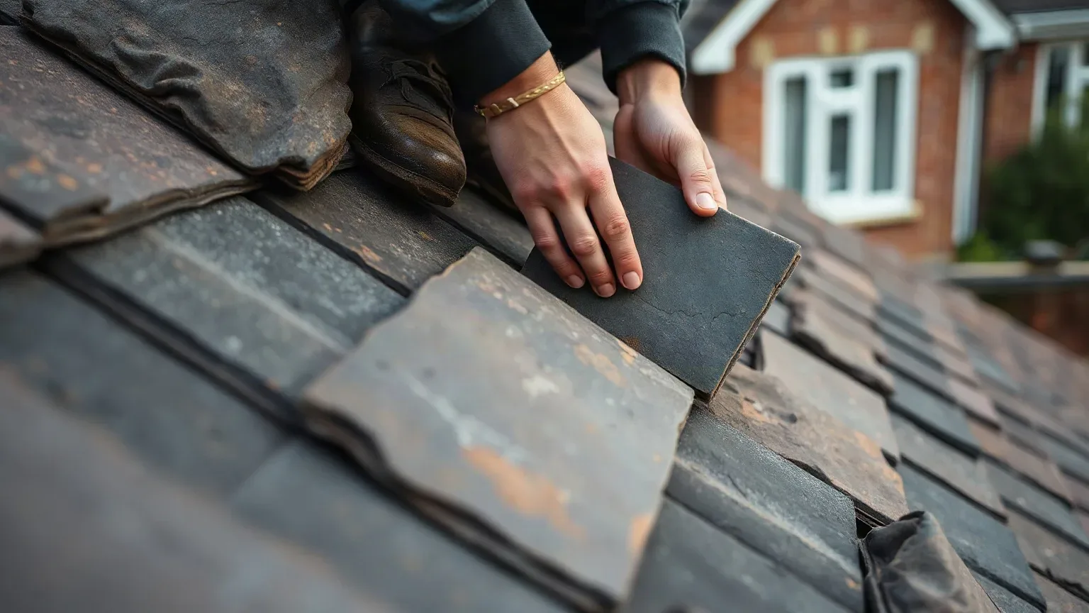 A roofer in a safety harness crouching on a pitched residential roof and pressing a reclaimed Scottish slate tile against the existing course while checking that its gauge and colour are a close match to the surrounding weathered slates before committing to fixing.