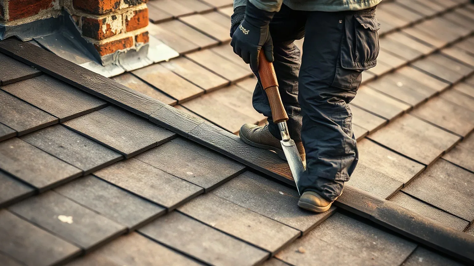 A roofer in full workwear standing on a pitched residential roof beside a chimney stack and using a metal roofing trowel to re-point the mortar bed of the lead flashing at the stack base while the re-slating work continues on the slope behind them.