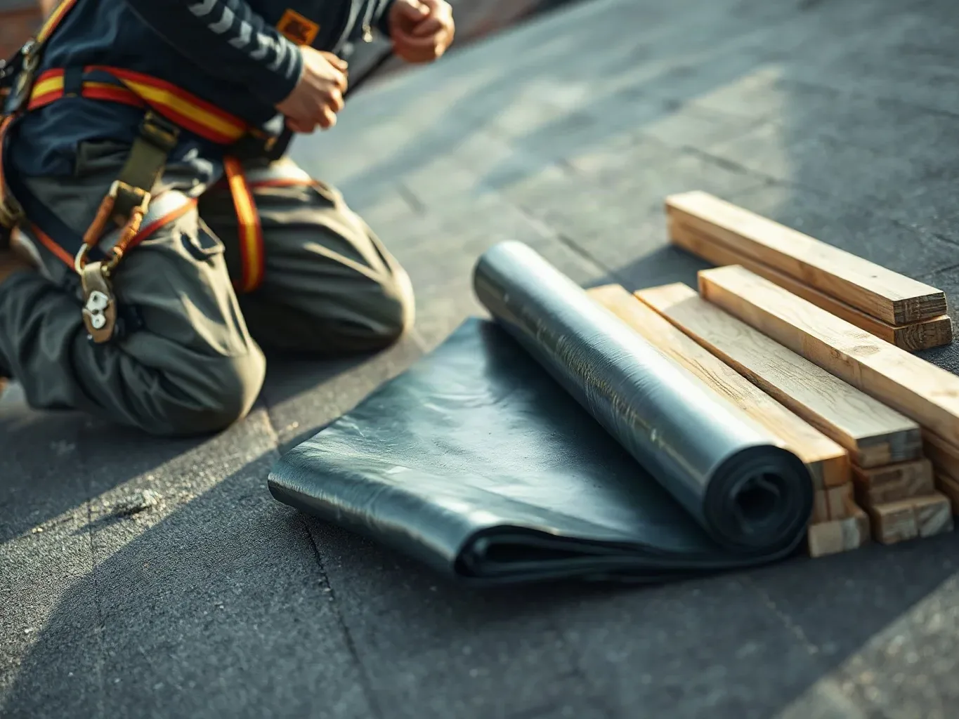 A roofer in a safety harness kneeling on a pitched residential roof that has been stripped back to bare sarking boards and unrolling a new breathable membrane sheet across the deck while fresh battens are stacked ready for fixing beside them.