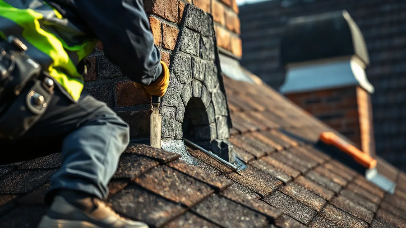 A roofer in full workwear crouching on a pitched residential roof beside a large chimney stack and probing the mortar joints between the masonry courses with a metal roofing trowel to document the extent of repointing required as part of the broader re-slating scope.