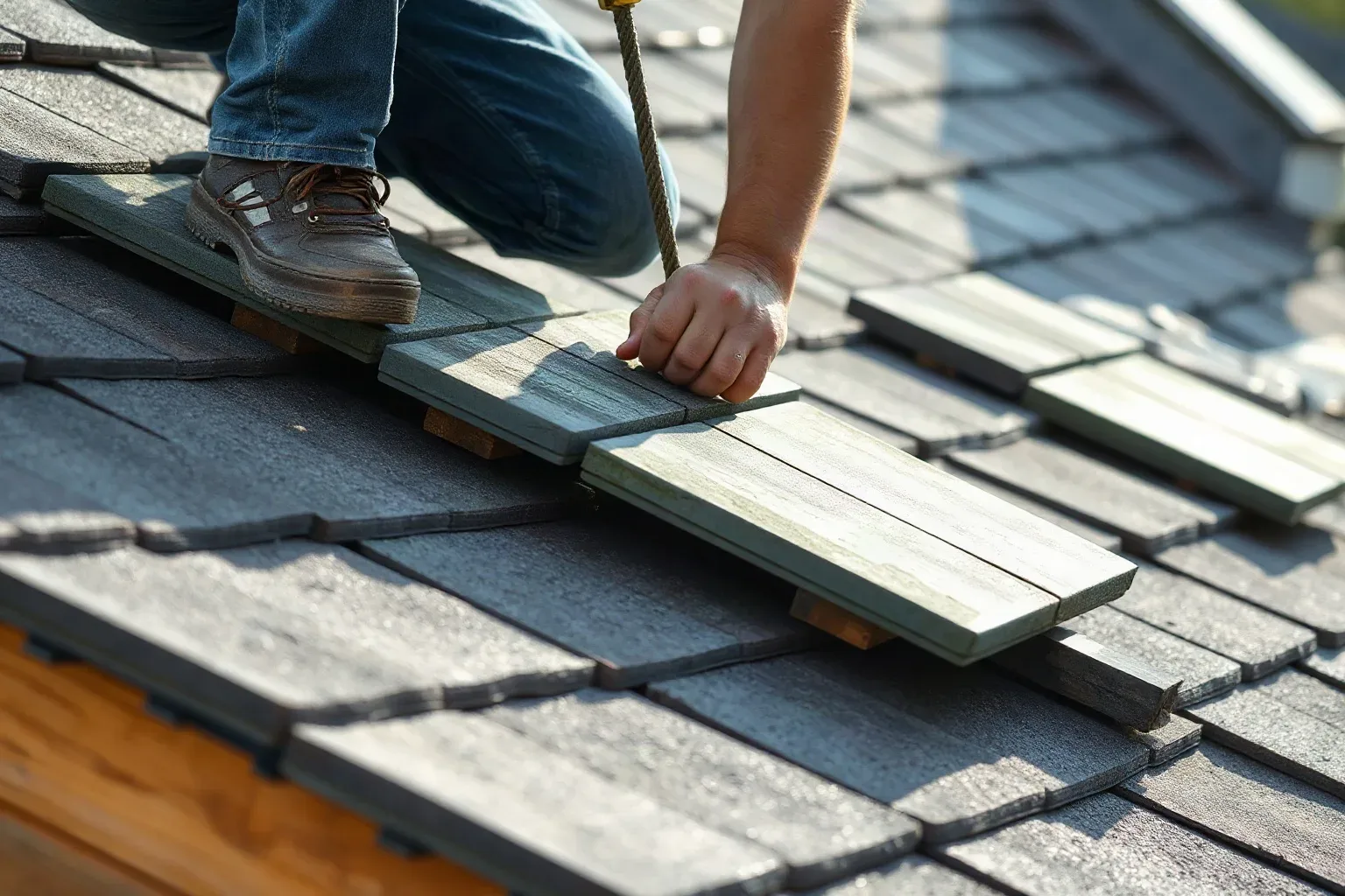 A roofer in a safety harness working steadily across a pitched residential roof and pressing each replacement slate firmly down onto its batten in a new course while the roofing felt underlayment is still exposed on the unfinished section above.