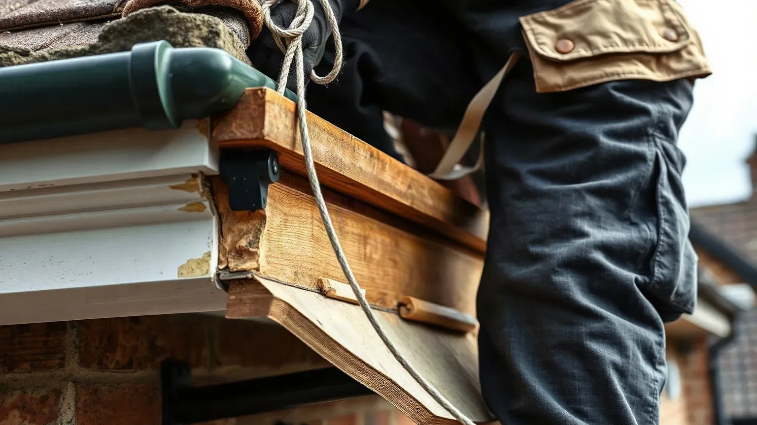 A person in work gloves and cargo trousers handles wooden boarding and rope rigging at the roofline of a brick house