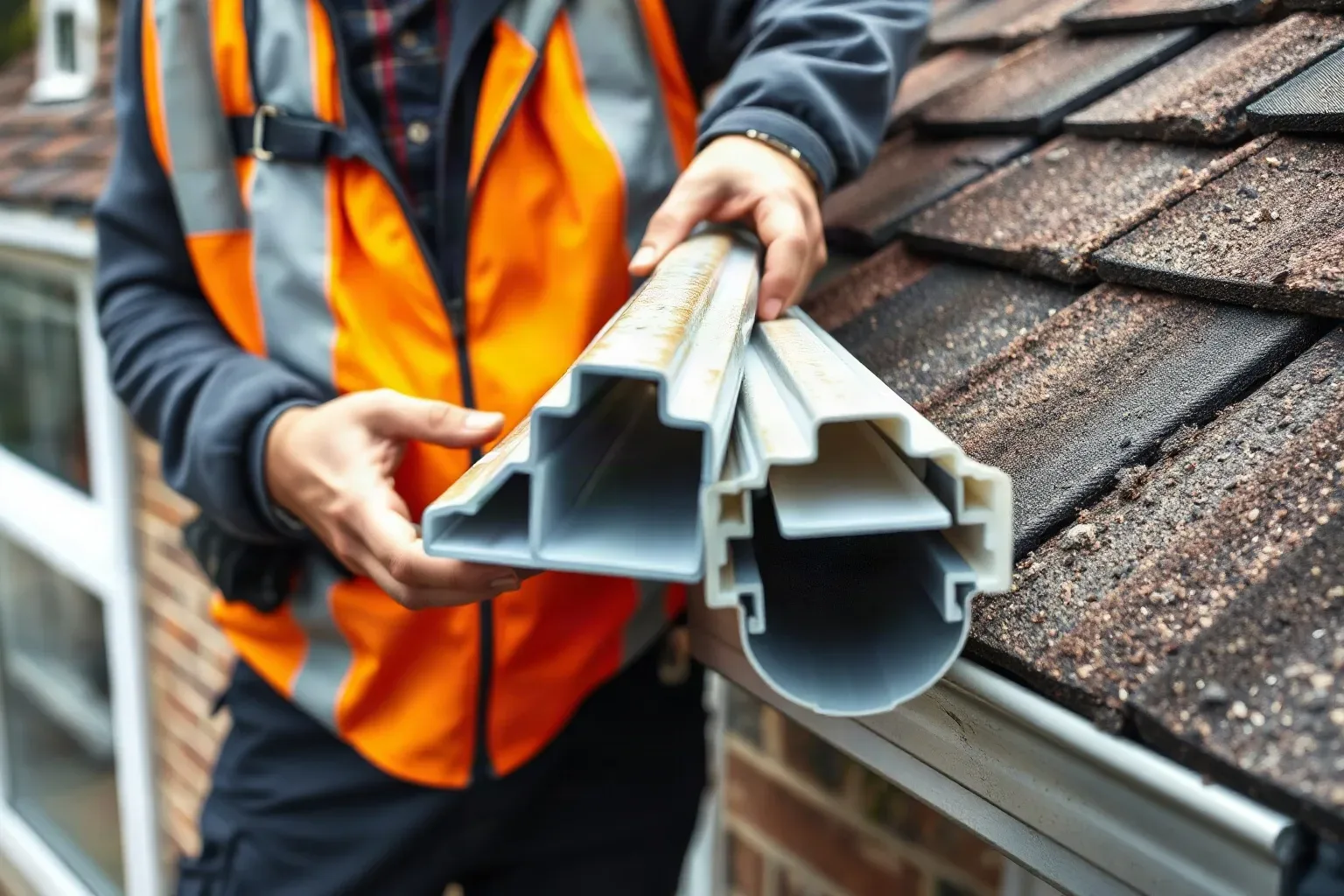 A worker in an orange hi-vis vest holds sections of plastic guttering at the edge of a tiled roof