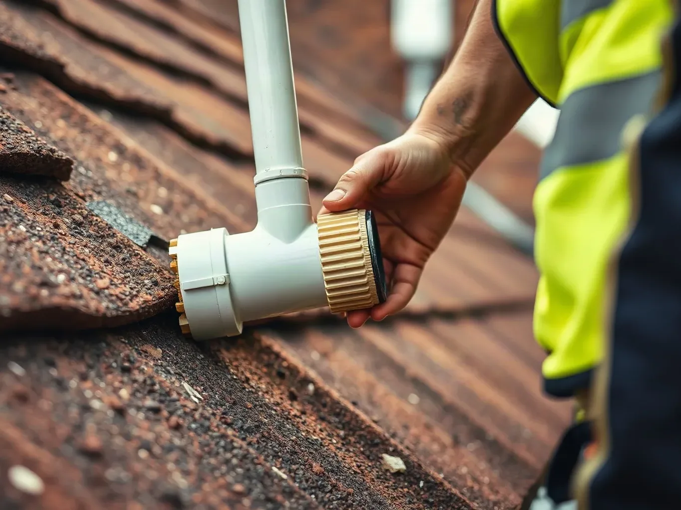A worker in a hi-visibility vest tightens a fitting on a white PVC pipe outlet mounted on weathered roof tiles