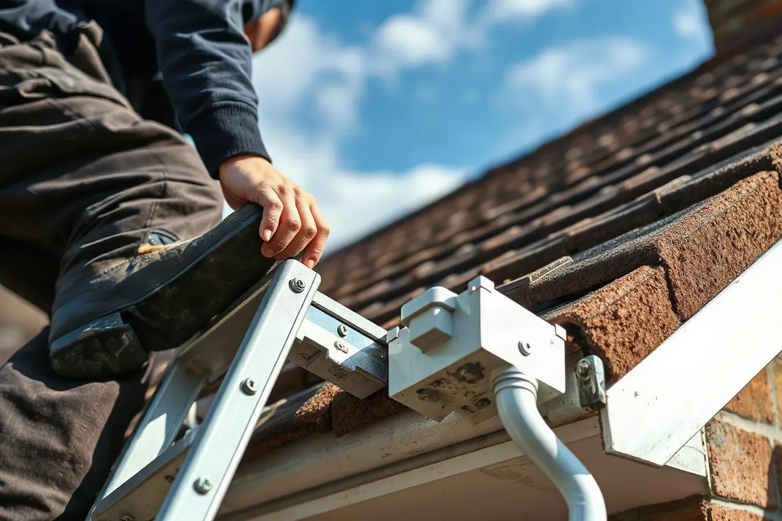 A person climbs a ladder at the eaves of a tiled roof, gripping the top rung with one hand while ascending towards the roofline