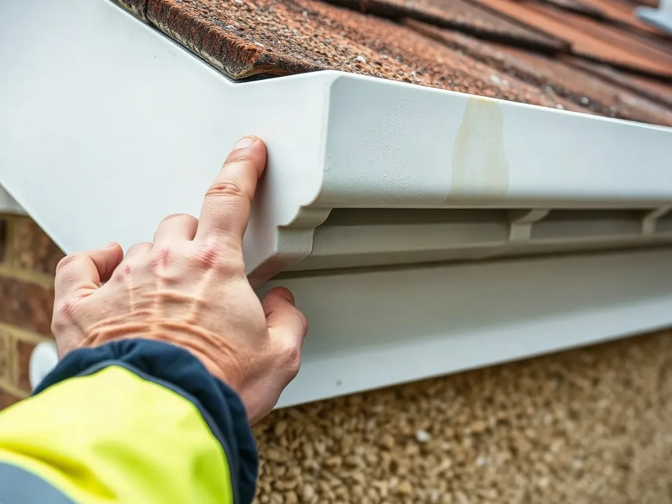 A person in a high-visibility jacket installs or inspects a white uPVC guttering section at the eaves of a tiled roof
