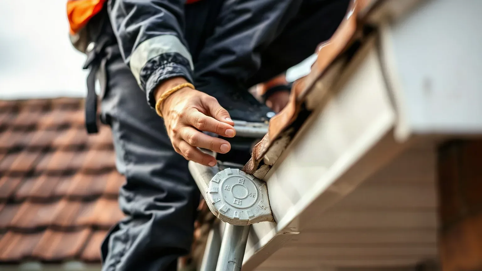 A person in work overalls reaches towards the guttering at the eaves of a tiled roof whilst climbing a ladder